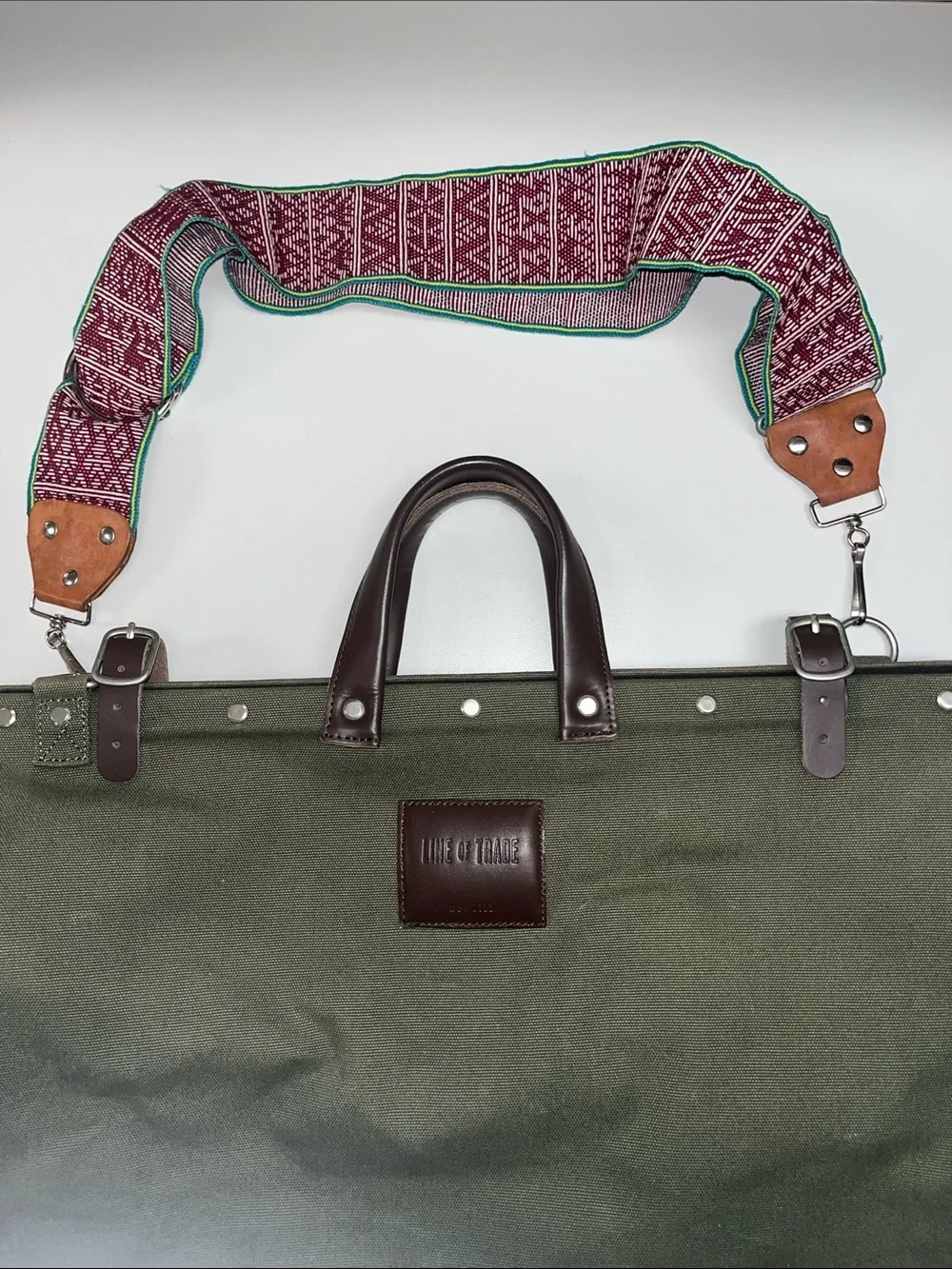 Line of Trade Olive Canvas Travel Bag with Leather Trim and Patterned Strap